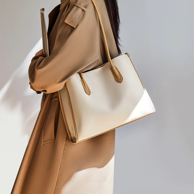 Nalandu Large Capacity Leather Commuter Tote Bag - Ivory