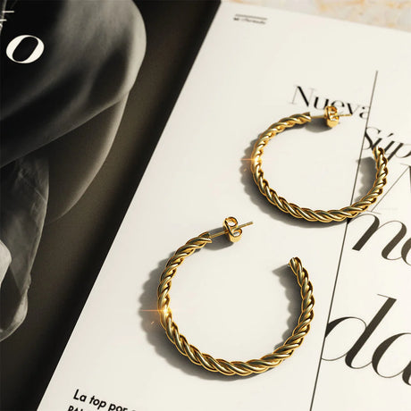 Bullion Gold Twisted Braid C-Hoop Gold Layered Earrings 30mm