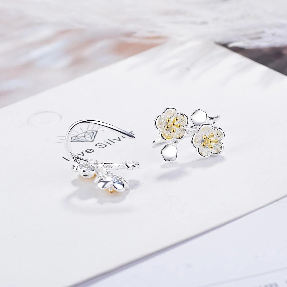 Double Silver Dahlia Flowers Dangle Earrings