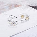 Double Silver Dahlia Flowers Dangle Earrings
