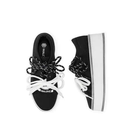 Dual Lace Platform Knit Sneakers - Black