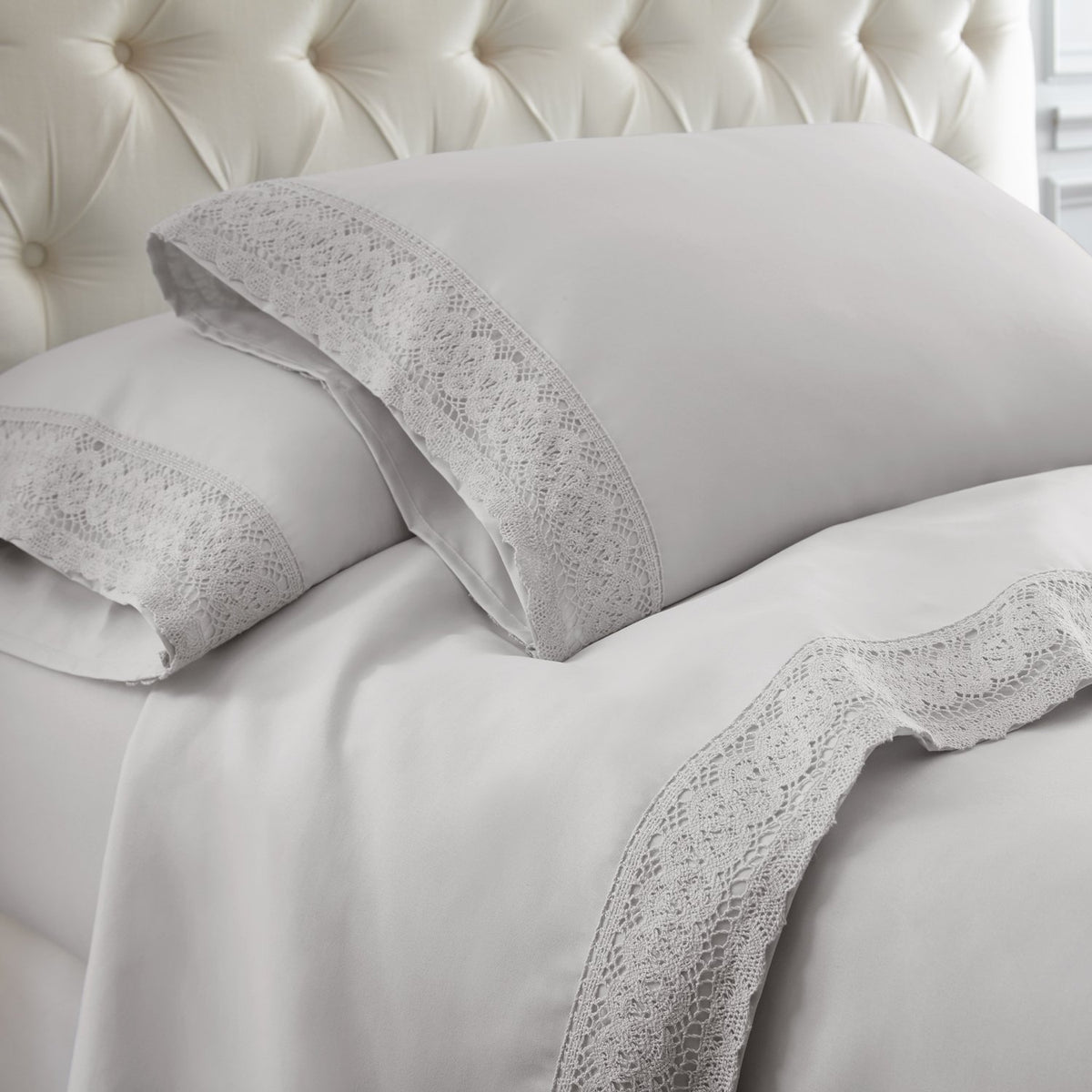 Ramesses Crochet-Lace Microfibre Sheet Set - Silver Lace Silver Fabric