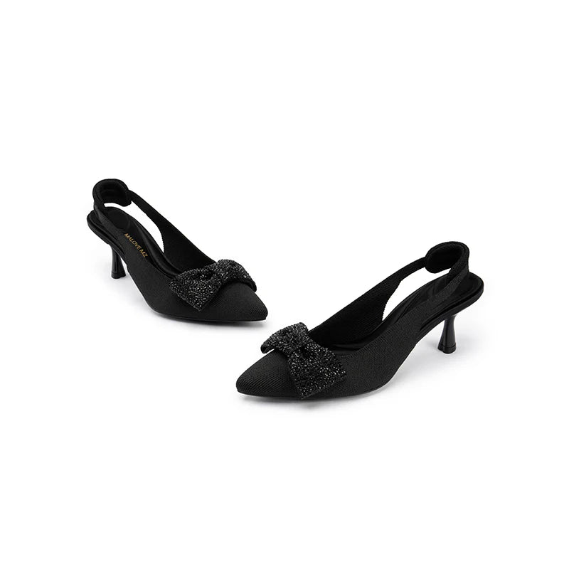 Rhinestone Bow Slingback Kitten Heels - Black