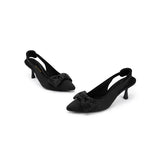 Rhinestone Bow Slingback Kitten Heels - Black