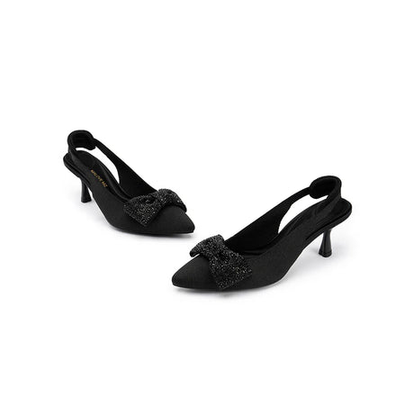 Rhinestone Bow Slingback Kitten Heels - Black