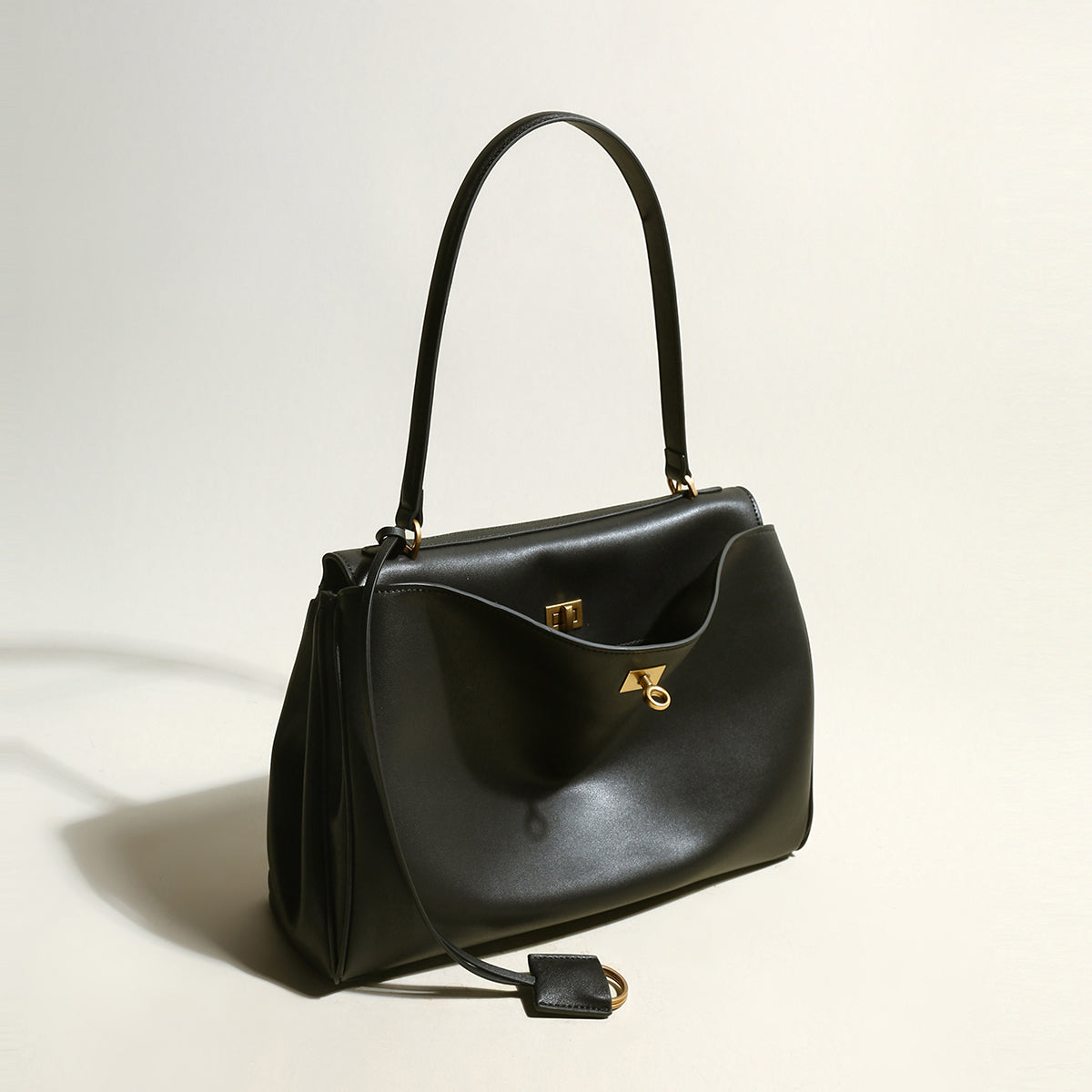 Utilitarian Structured Leather Flap Bag - Black