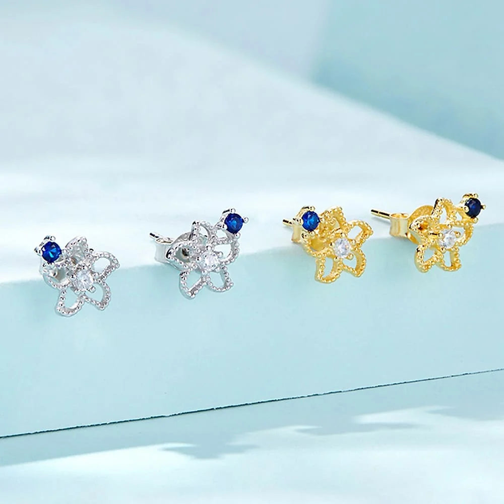 Solid 925 Signature Silver Mono Blue Flower Earrings