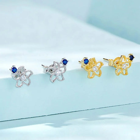 Solid 925 Signature Silver Mono Blue Flower Earrings