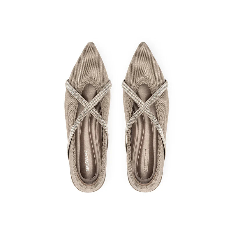 Rhinestone Cross Strap Pointed Toe Knit Flats - Sand