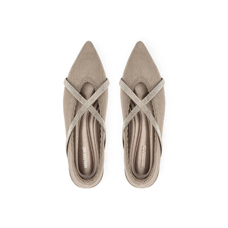Rhinestone Cross Strap Pointed Toe Knit Flats - Sand