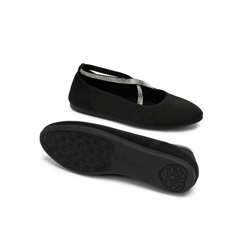 Rhinestone Cross Strap Knit Ballet Flats - Black