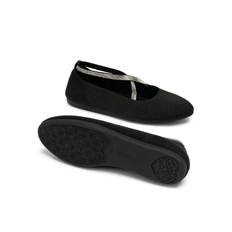 Rhinestone Cross Strap Knit Ballet Flats - Black