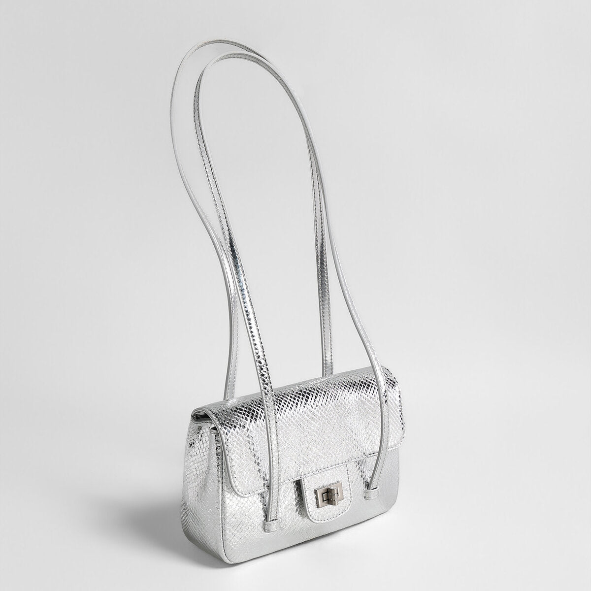 Snake-Embossed Metallic Flap Shoulder Bag - Silver