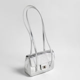 Snake-Embossed Metallic Flap Shoulder Bag - Silver