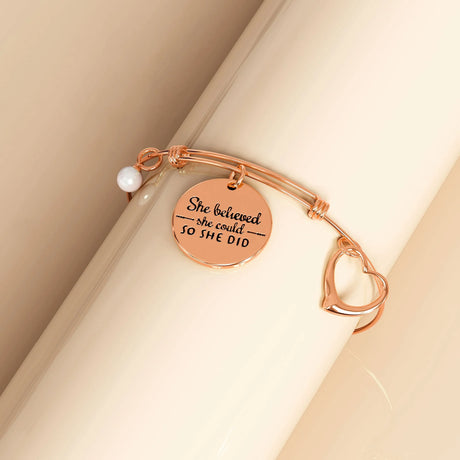 Bullion Gold She Believed She Could Heart Charm Rose Gold Layered Tubular Adjustable Inspirational Bangle