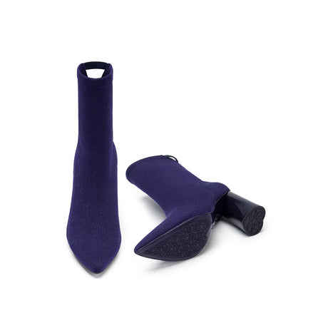 Pointed Toe Block Heel Knit Ankle Boots - Purple
