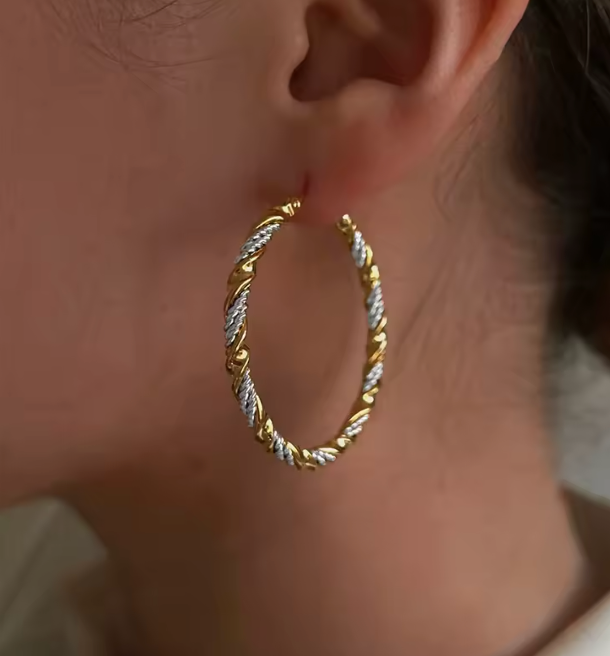 Liv Oliver 18K Gold Two Tone Textured Hoop Earrings