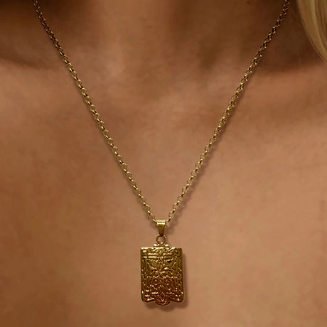Bullion Gold Engraved Shield Photo Locket Necklace