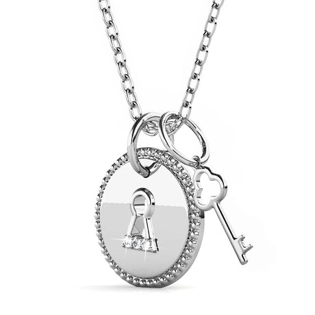 Krystal Couture White Gold Pad Lock with Heart Keys Double Pendant Necklace Embellished with SWAROVSKI Crystals