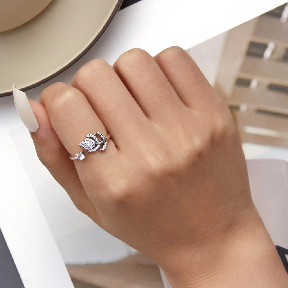 Adjustable Solid 925 Sterling Silver Crystal Feather Open Cut Ring