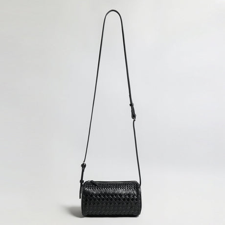 Hand-Woven Sheepskin Leather Cylinder Bag - Black