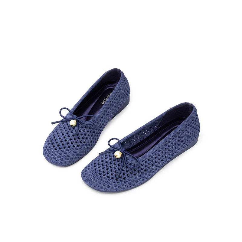 Pearl Bow Heart Mesh Knit Round Toe Wedge Flats - Navy