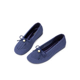 Pearl Bow Heart Mesh Knit Round Toe Wedge Flats - Navy
