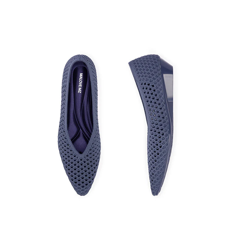 Heart Mesh Knit Pointed Toe Wedge Pumps - Indigo