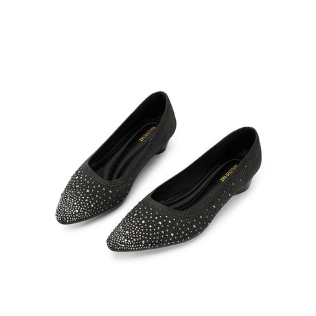 Rhinestone Gradient Knit Pointed Toe Wedge Flats - Black