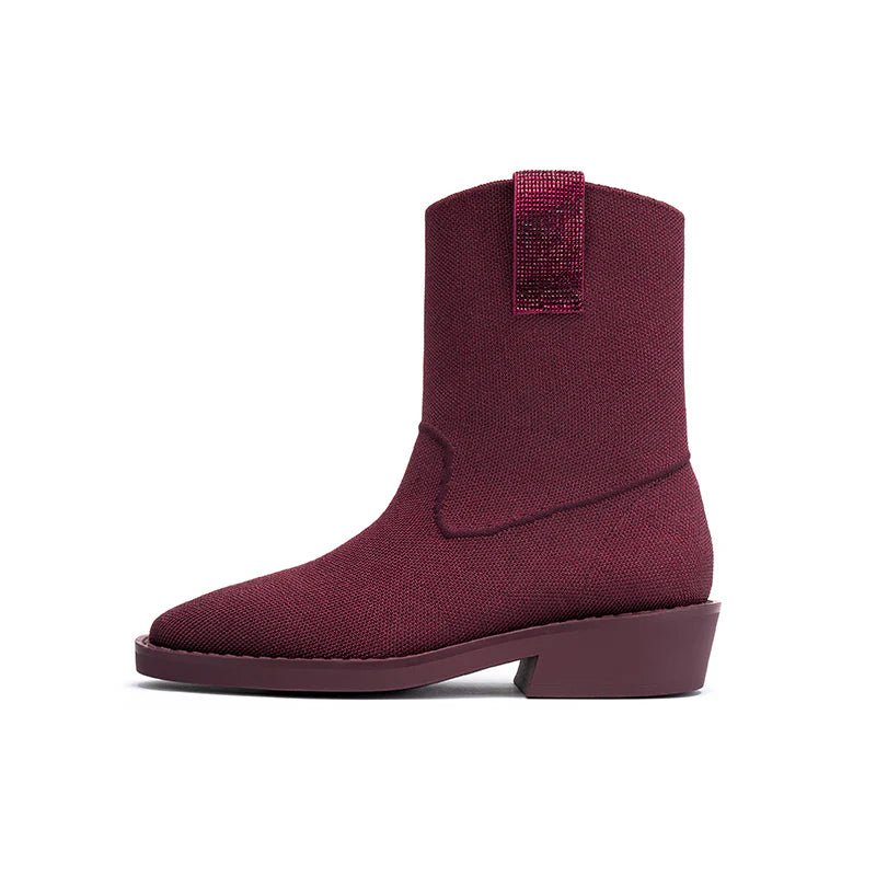 Knit Block Heel Ankle Boots - Wine