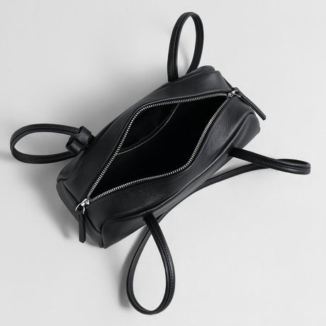 Litchi-Grain Leather Baguette Bag - Black
