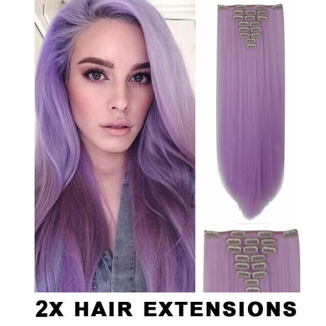 2Pcs Purple Deluxe Straight Hair 7Piece 16Clips 20" Hair Extension 07Purple 2X