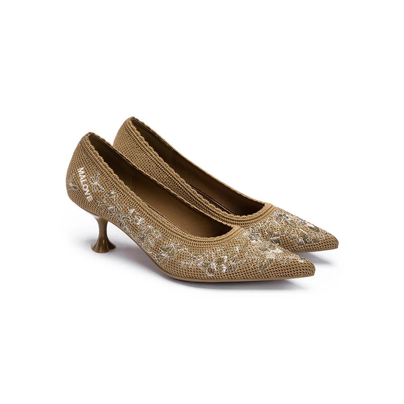 Enchanted Butterfly Pointed Toe Kitten Heels - Tan