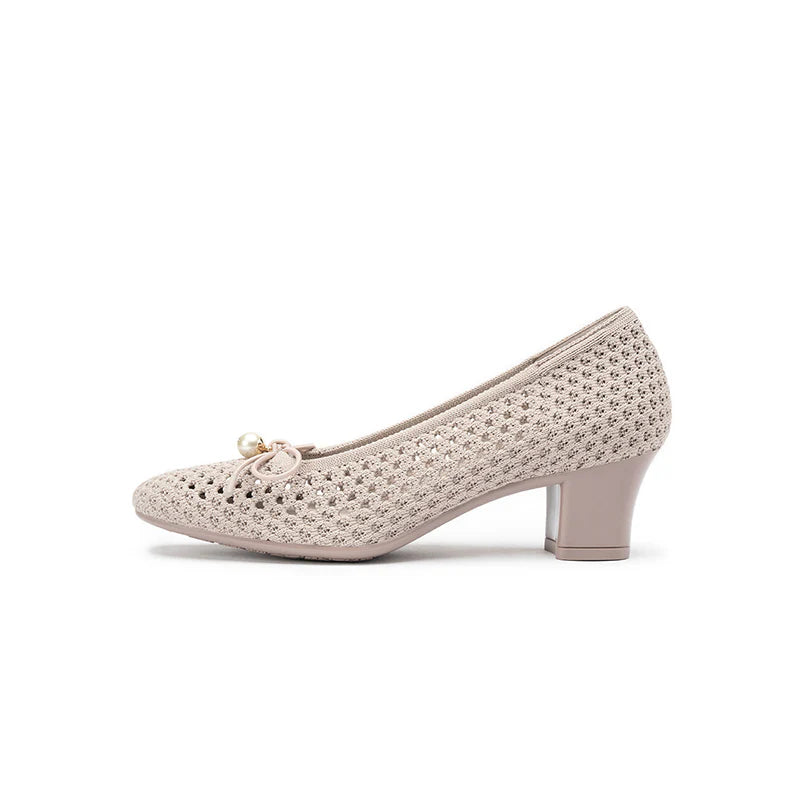 Pearl Bow Mesh Knit Round Toe Pumps - Taupe