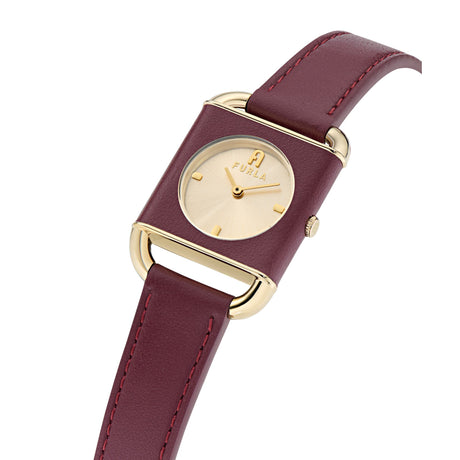 Furla Arco Square Gold-Tone Dark Red Leather Watch