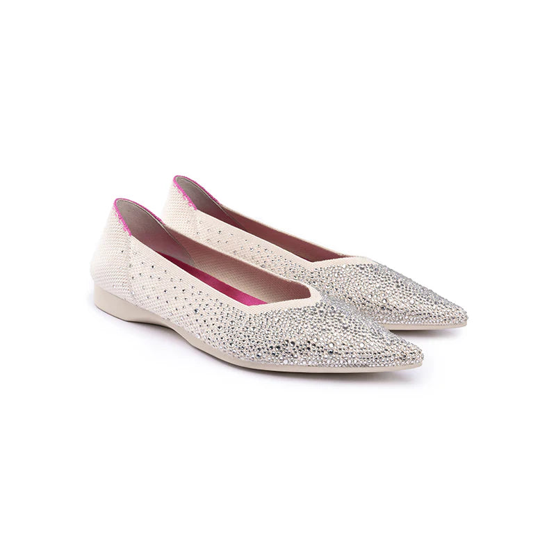 Rhinestone Knit Pointed Toe Ballet Flats - White
