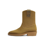 Knit Block Heel Ankle Boots - Tan