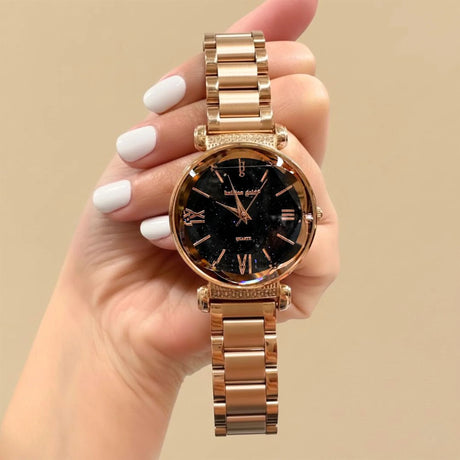 Boxed Black Face Watch & Earrings Set In Rose Gold