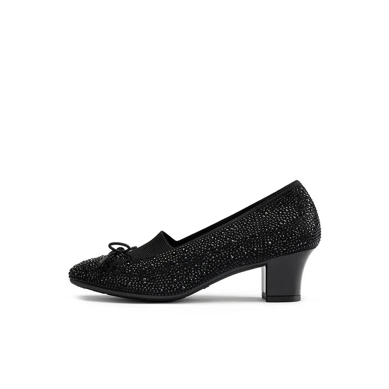 Rhinestone Bow Knit Round Toe Block Heel Pumps - Black