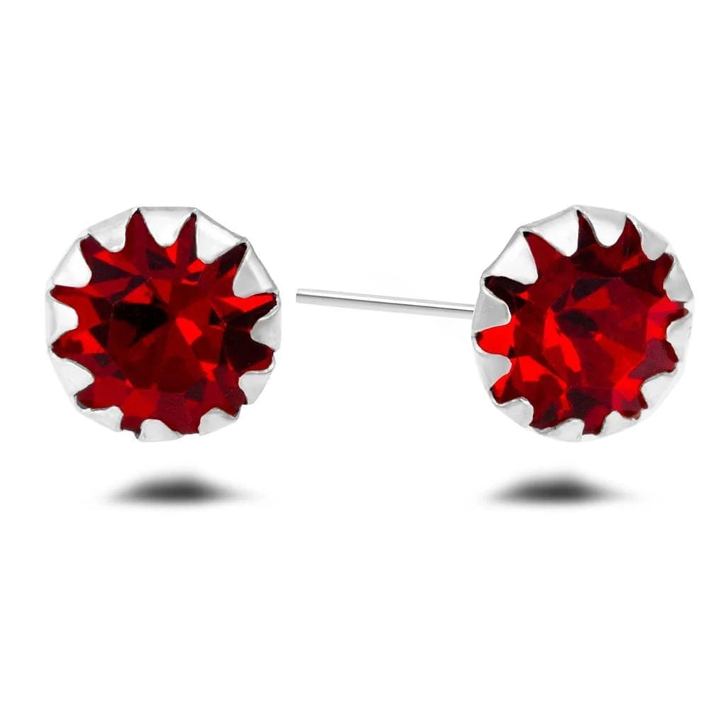 Solid 925 Sterling Silver Crystal Studs Red