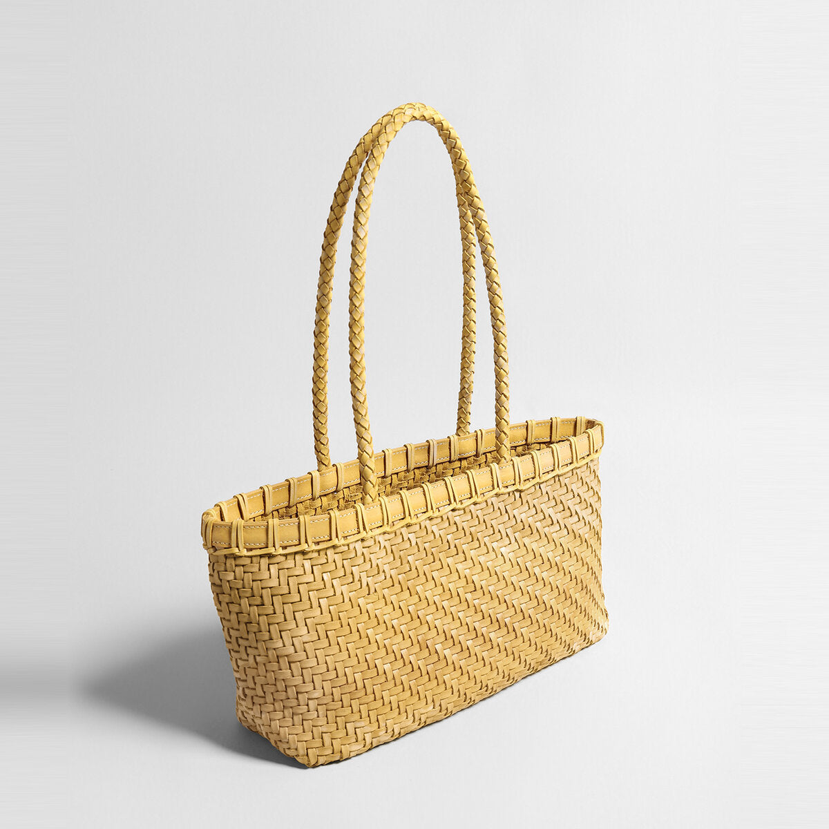 Handwoven Leather Market Basket Tote - Yellow