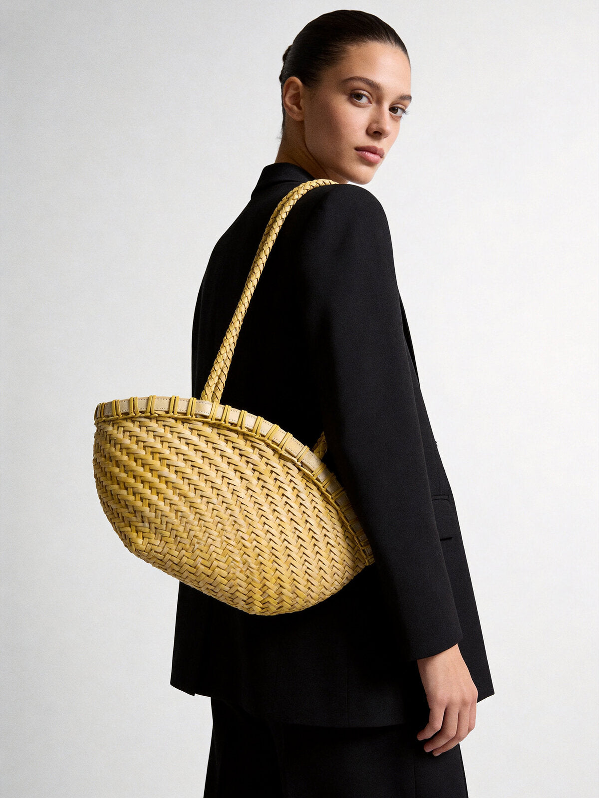 Handwoven Leather Flared Market Basket Tote - Yellow