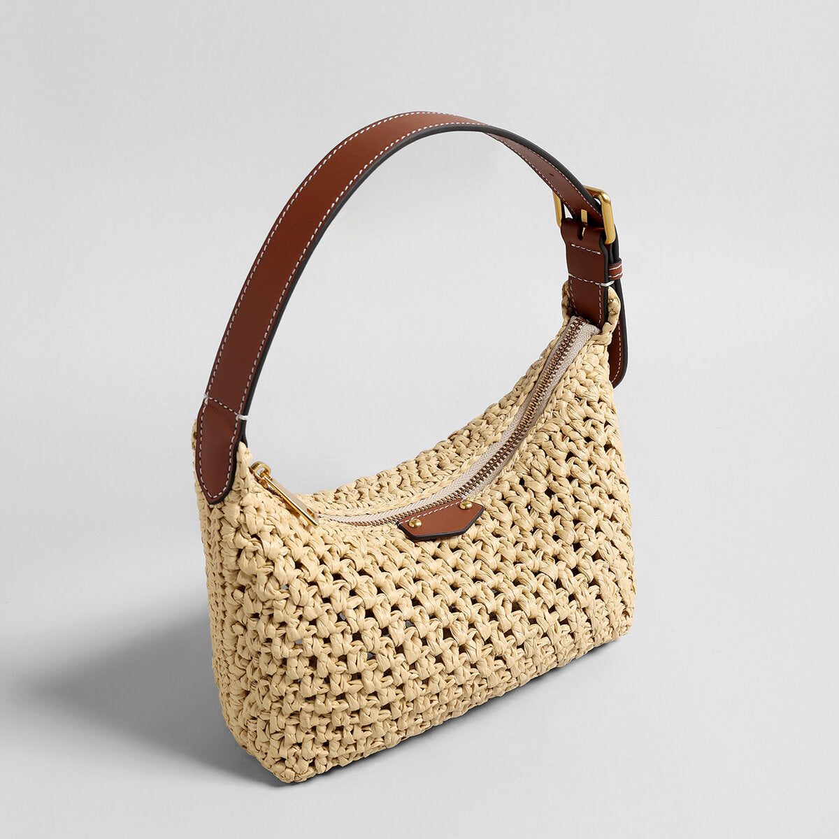 Handwoven Raffia Crochet Crescent Shoulder Bag - Natural