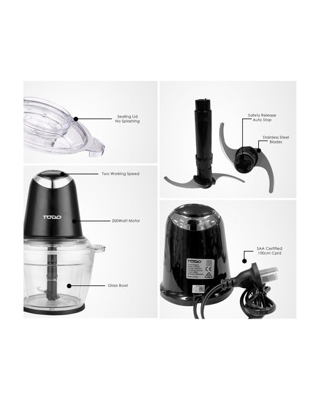 TODO 1L Food Chopper Processor Glass Bowl 2 Speed 200W Stainless Steel Blade