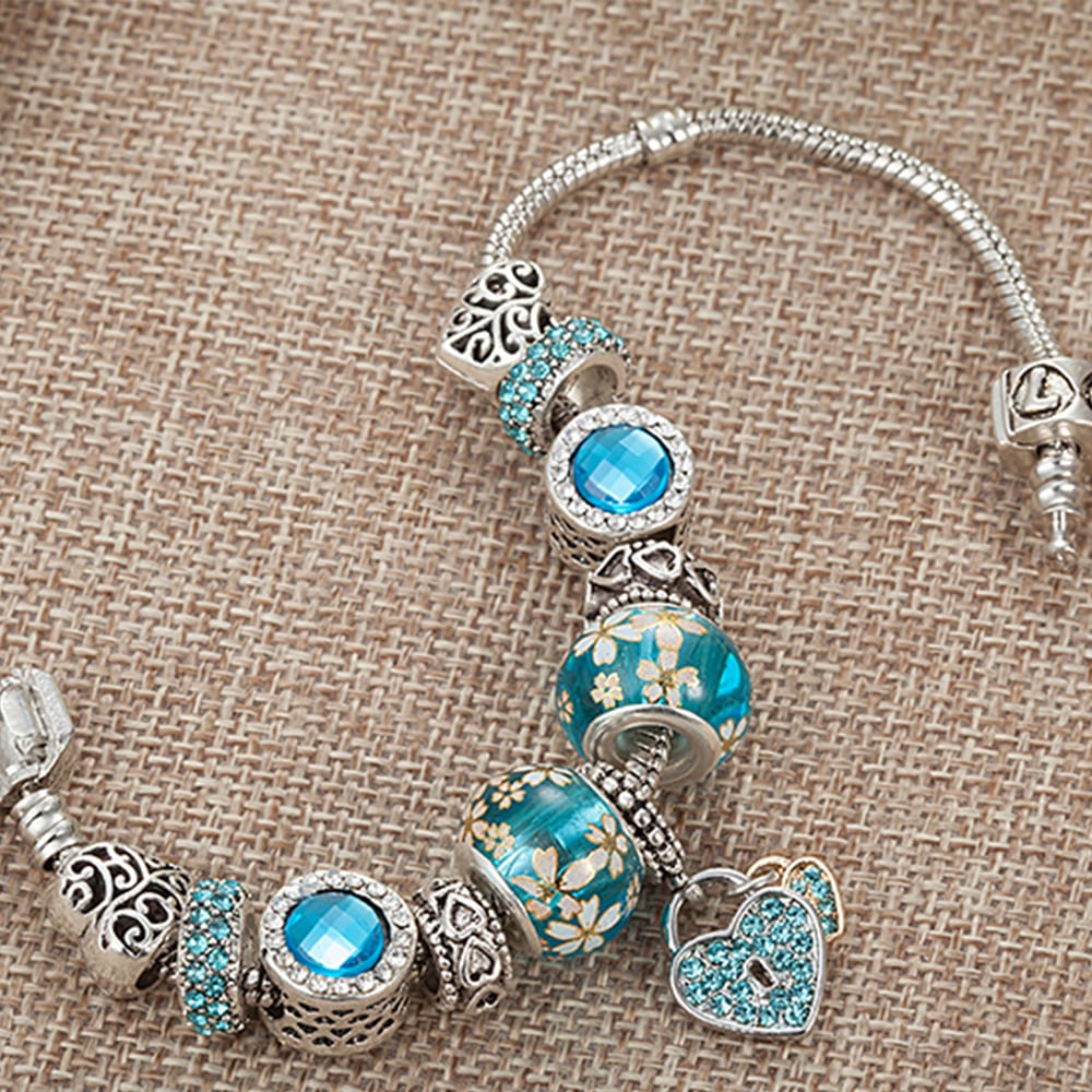 Pandora Inspired Full Set Beaded Charm Bracelet -  Silver/Blue
