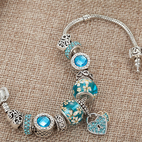 Pandora Inspired Full Set Beaded Charm Bracelet -  Silver/Blue