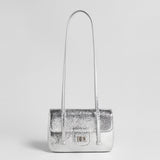 Snake-Embossed Metallic Flap Shoulder Bag - Silver