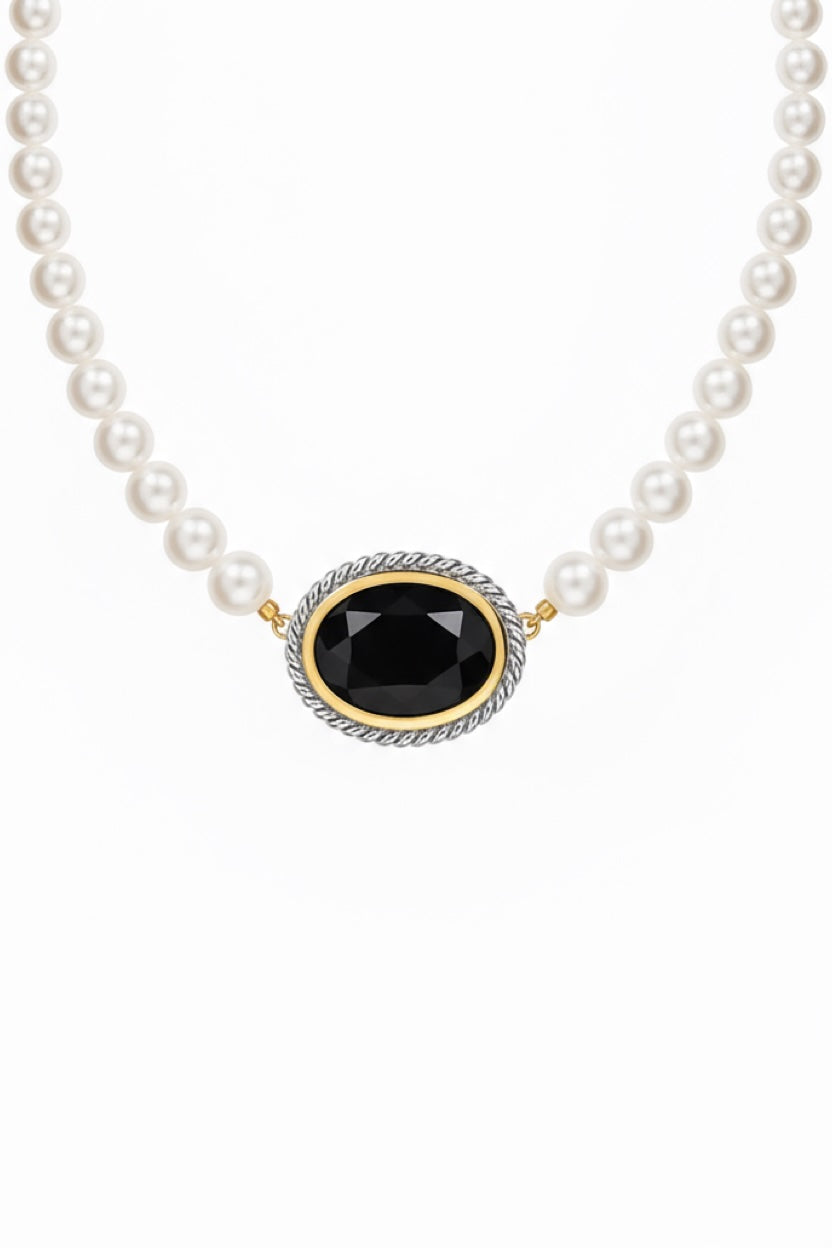 Liv Oliver 18K Gold Pearl & Black Oval Necklace