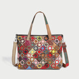 Colorful Hippie Floral Patchwork Leather Tote Bag - Rainbow