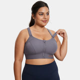 Zip Front Large Padded High Impact Sports Bra - Grey
